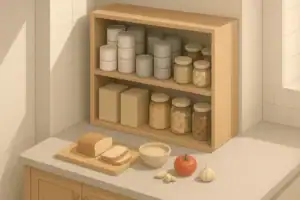Isometric illustration of a stocked home pantry shelf
