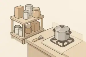 Apartment pantry shelf with simple emergency meal ingredients