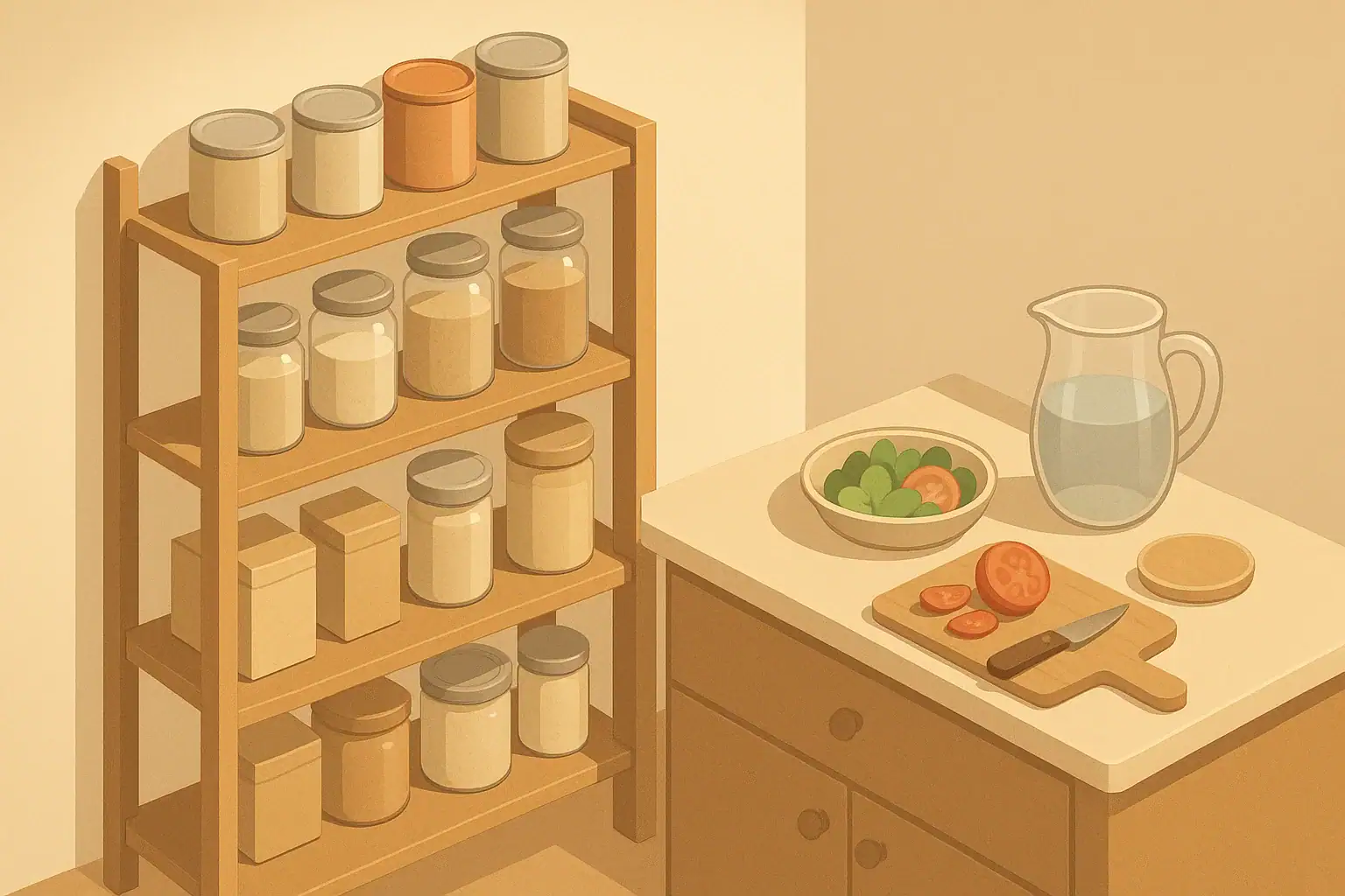 Isometric illustration of pantry shelves with shelf stable foods