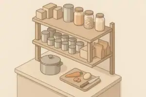 Neatly organized home pantry shelf with shelf-stable foods