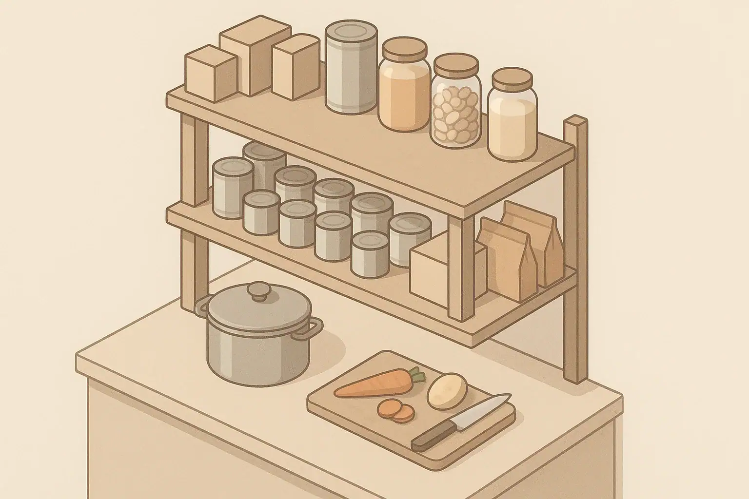 Neatly organized home pantry shelf with shelf-stable foods