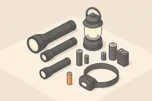 Isometric illustration of mixed batteries with home lighting gear