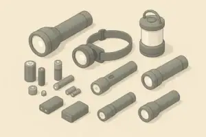 Isometric illustration of emergency flashlights and mixed batteries