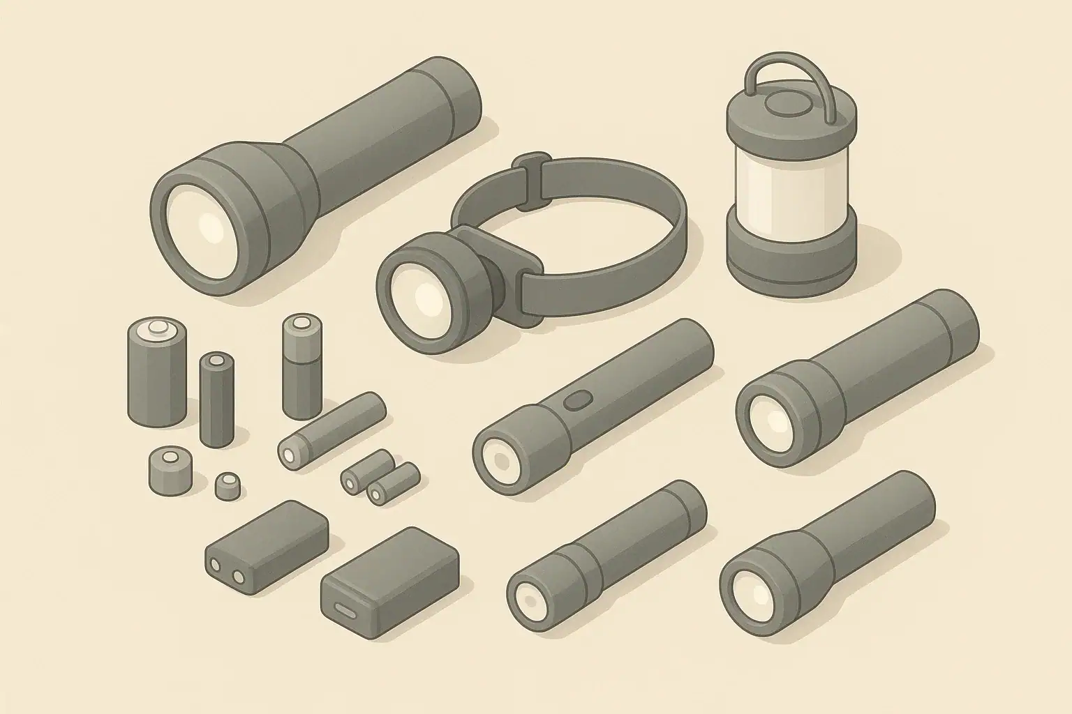 Isometric illustration of emergency flashlights and mixed batteries