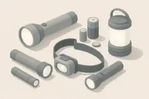 Tabletop with emergency lanterns flashlights and batteries