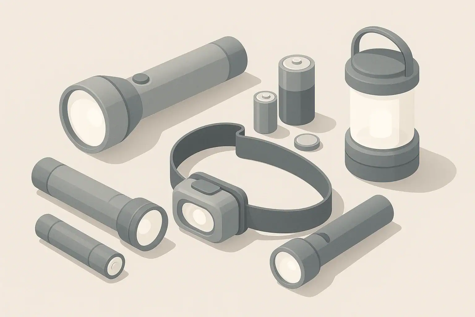 Tabletop with emergency lanterns flashlights and batteries