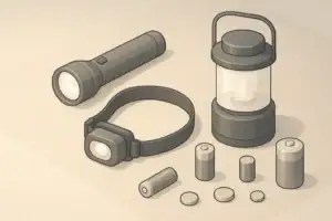 Tabletop layout of headlamp flashlight lantern and batteries