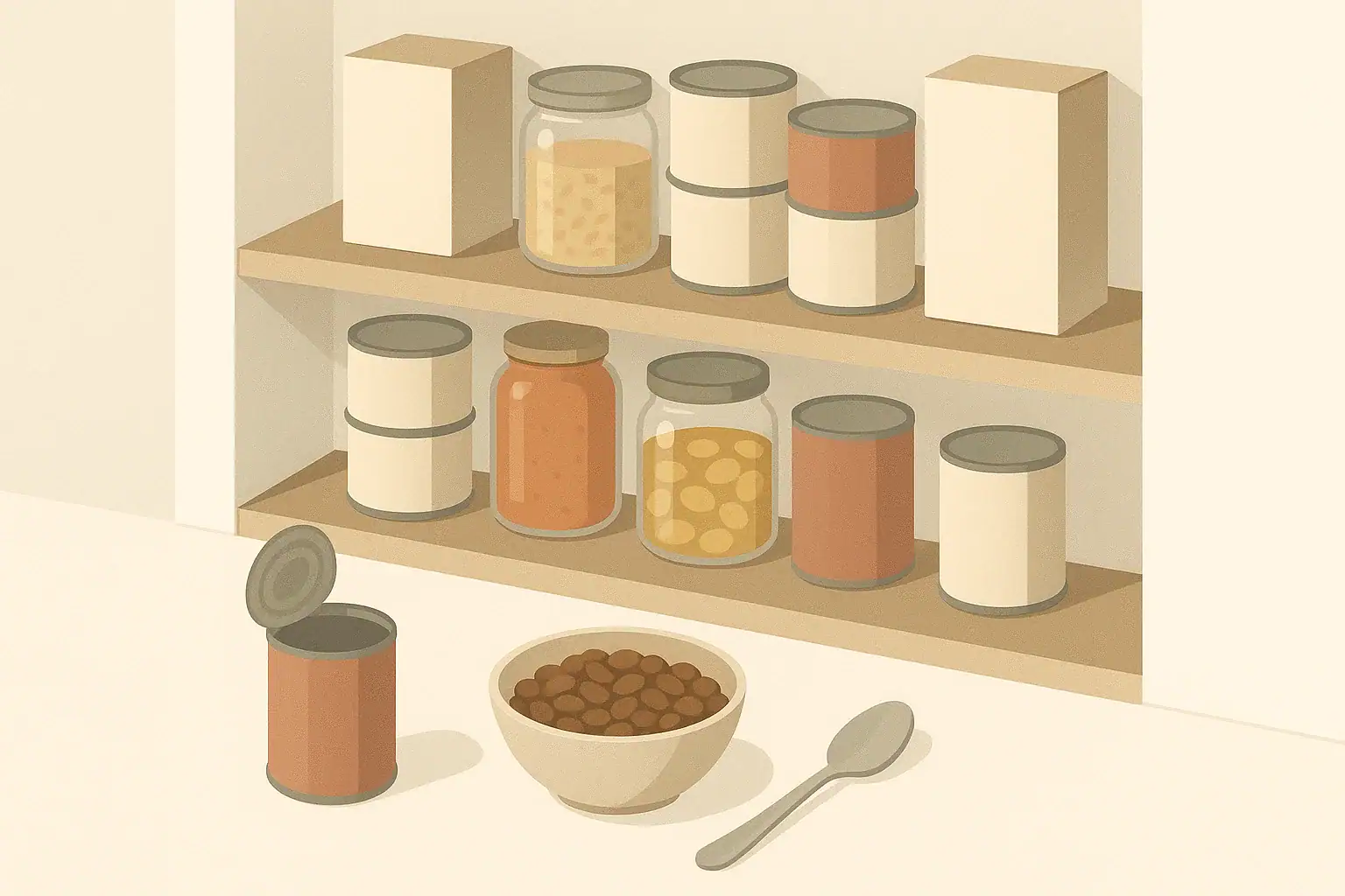 Organized pantry shelves with assorted shelf-stable protein foods