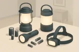 Lantern and batteries arranged on table for blackout readiness