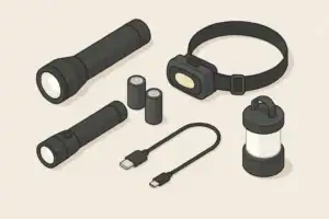 tabletop with rechargeable lanterns flashlights and loose batteries