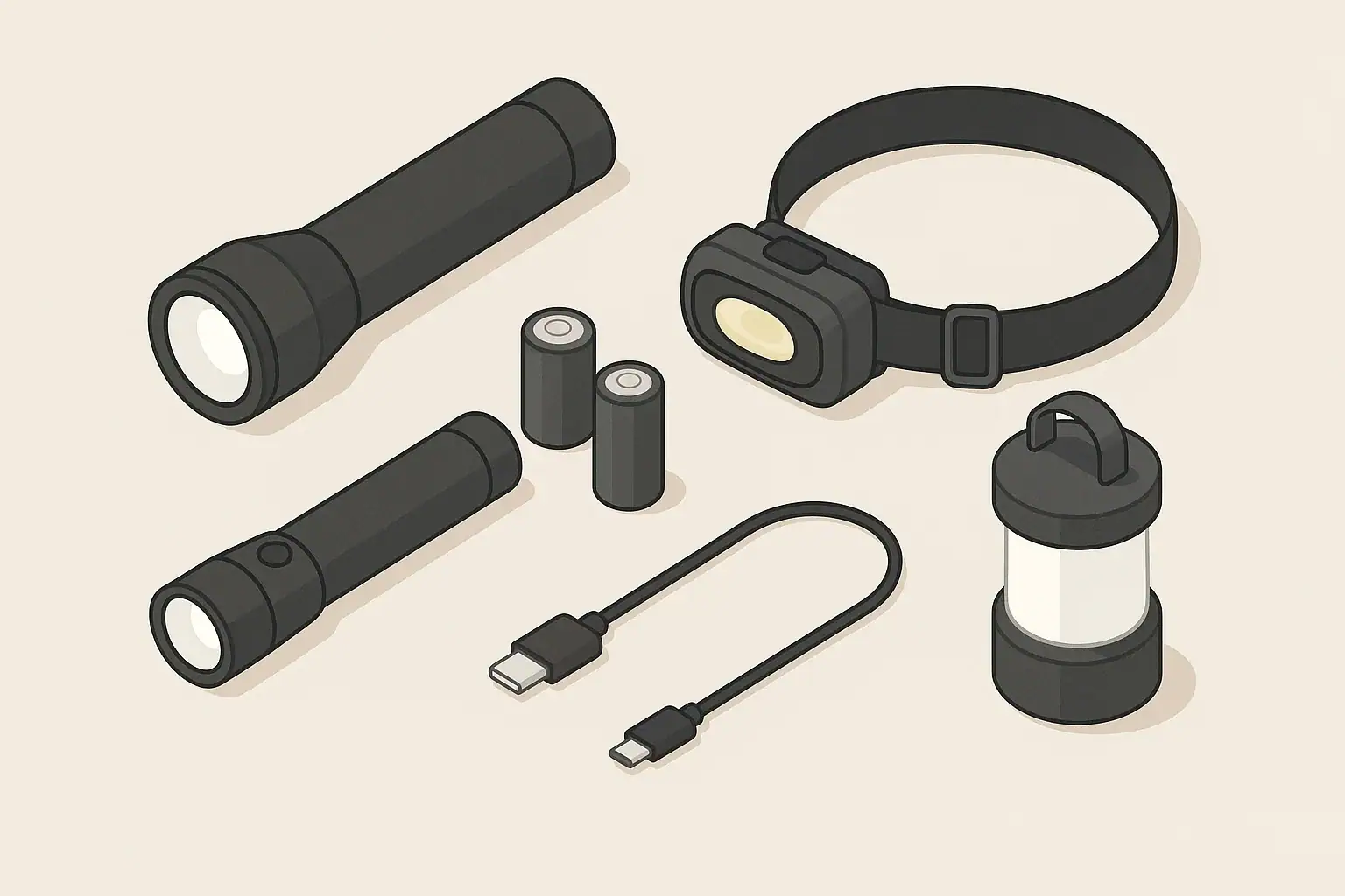 tabletop with rechargeable lanterns flashlights and loose batteries