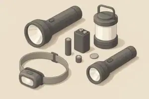 Organized emergency lighting kit with flashlights and batteries