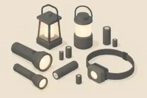 Tabletop with solar lantern and other emergency lights