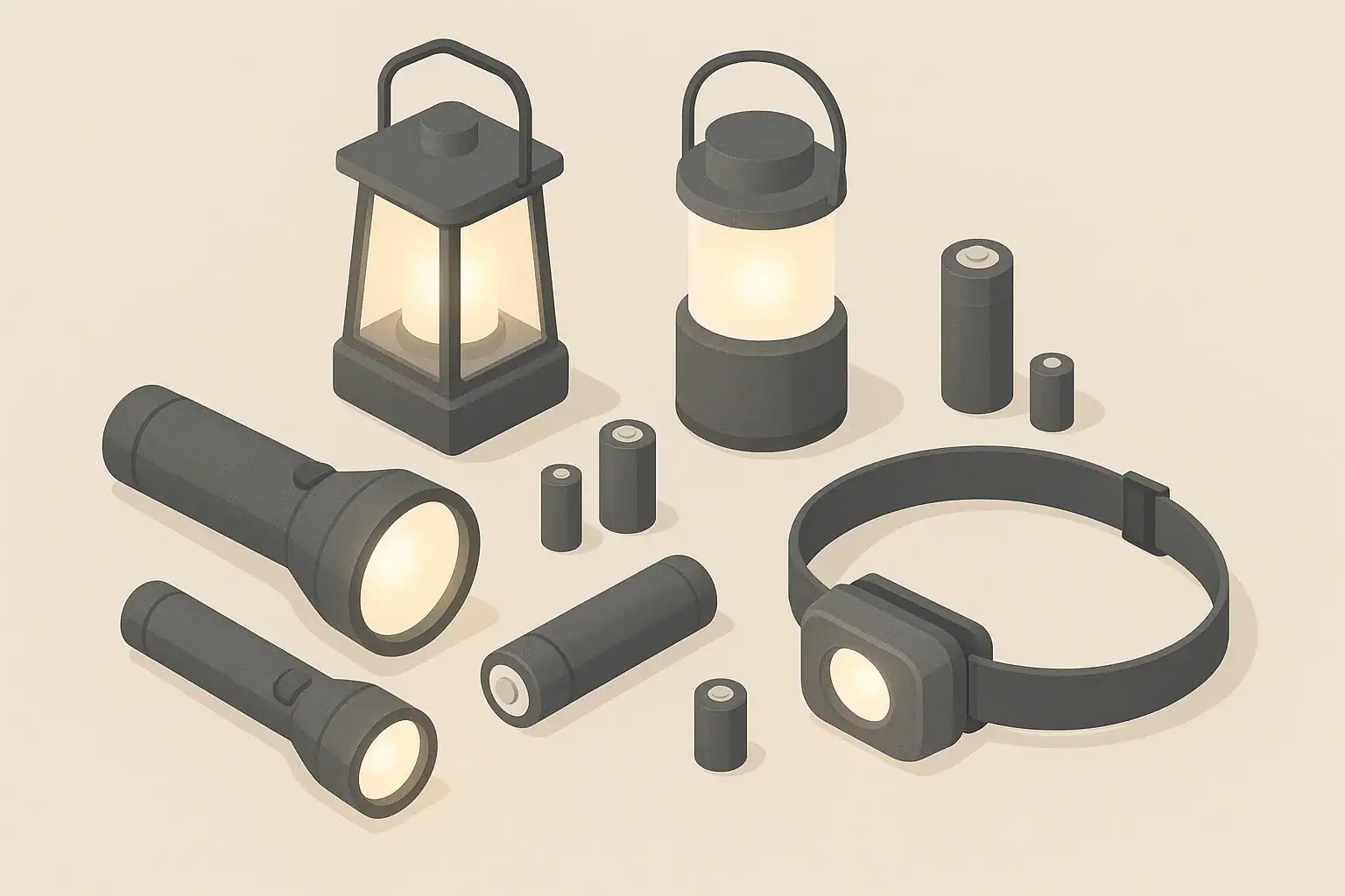 Tabletop with solar lantern and other emergency lights