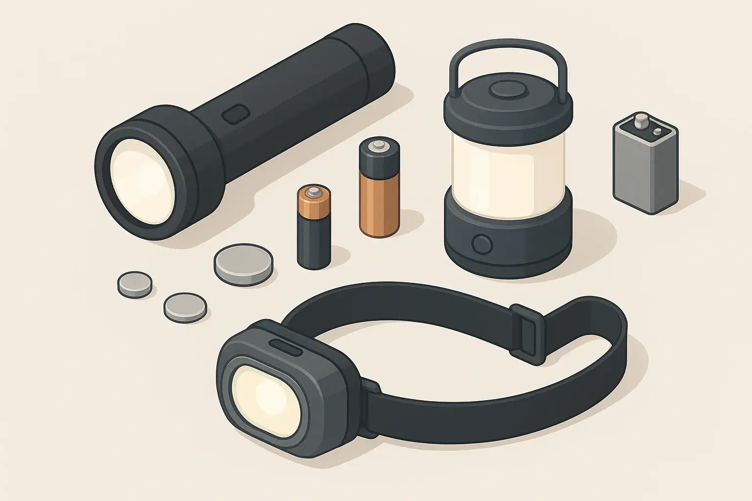 Tabletop with flashlights lantern and batteries for home readiness