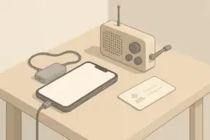 Isometric scene with phone powerbank and emergency radio