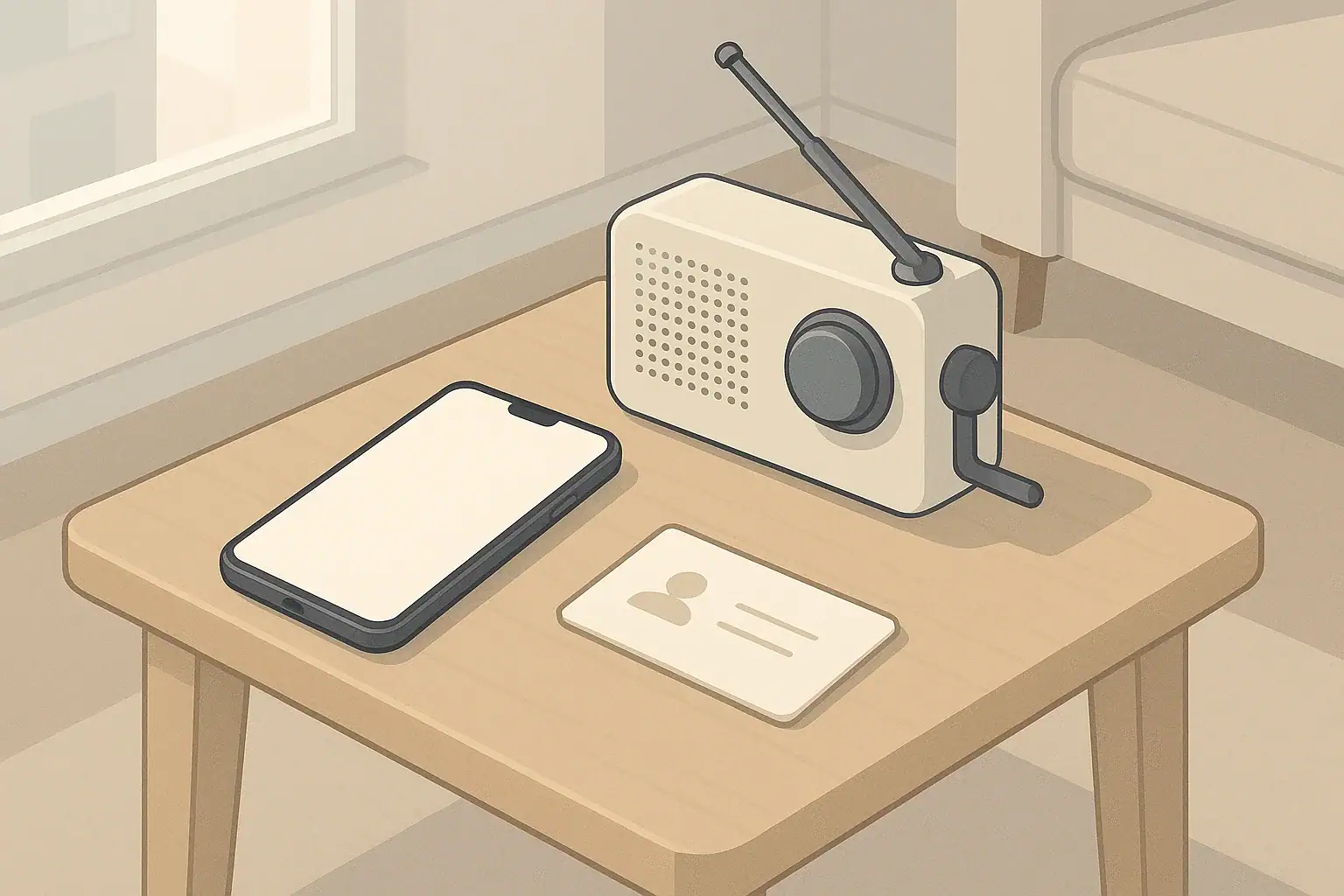 Table with phone radio and blank contact card for emergencies