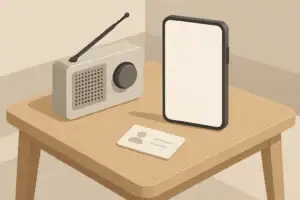 Isometric illustration of phone and radio for emergency communication