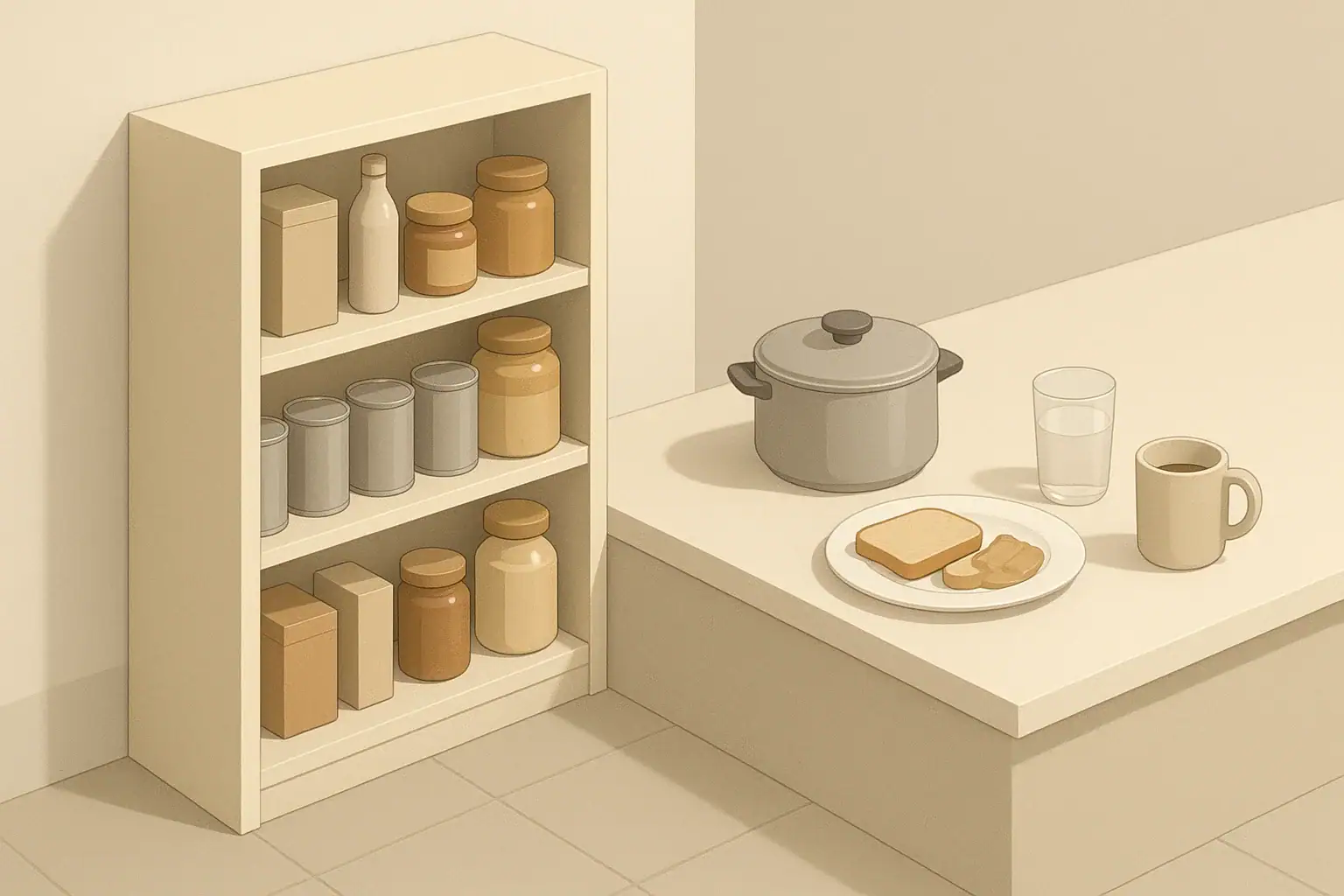 Pantry shelf with simple foods and drinks for emergencies