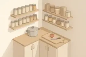 Isometric pantry shelf with simple shelf stable foods