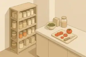 Small apartment pantry shelf with organized emergency food