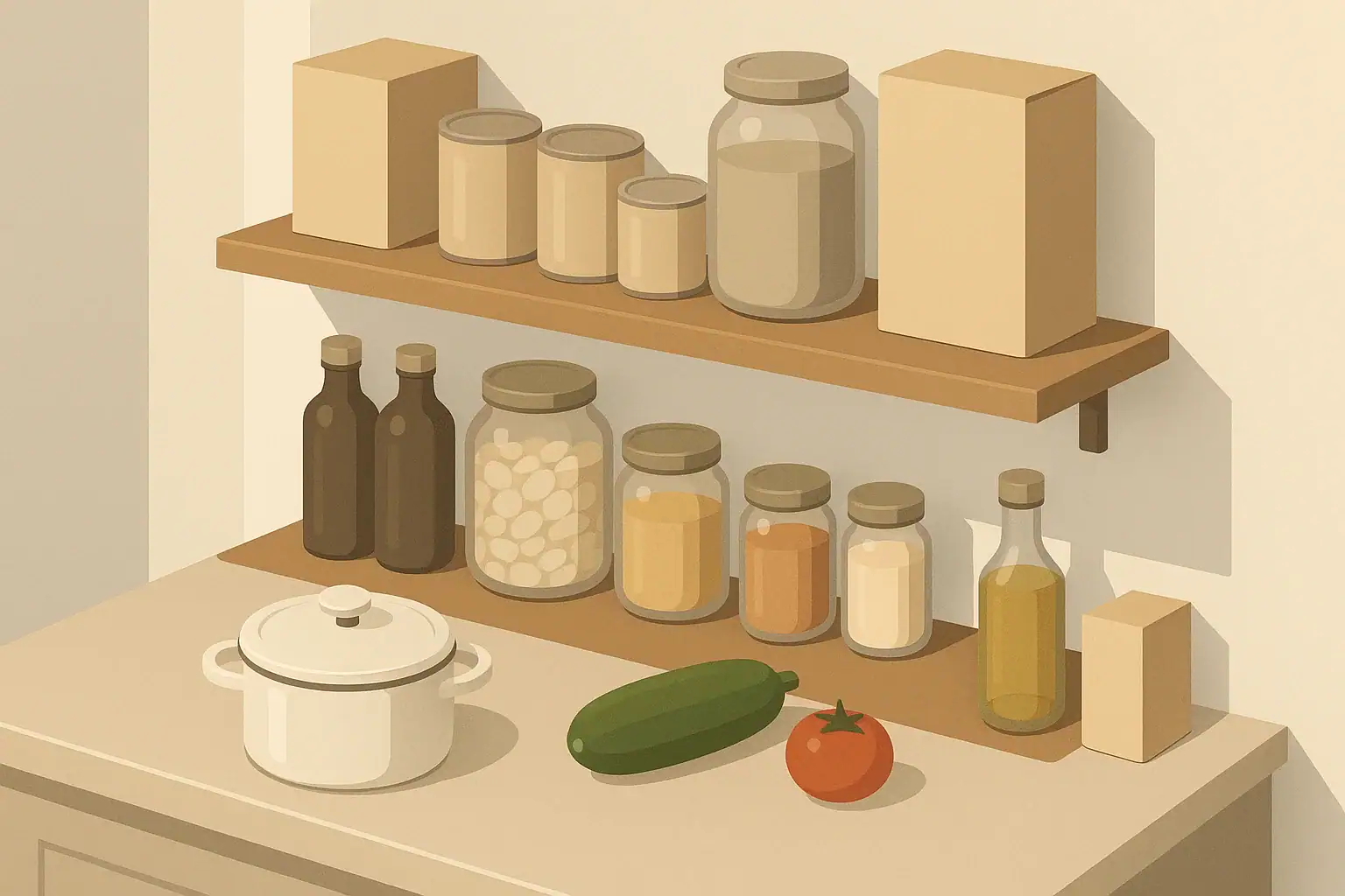 organized home pantry with shelf stable emergency foods