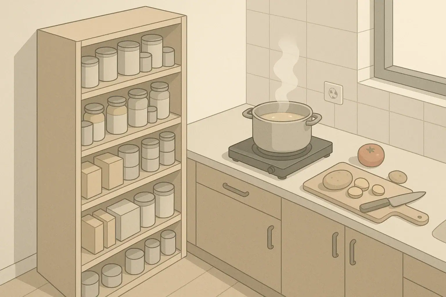 Isometric pantry shelves with emergency-friendly shelf stable foods