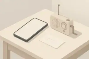 Emergency contact card beside phone and radio on table