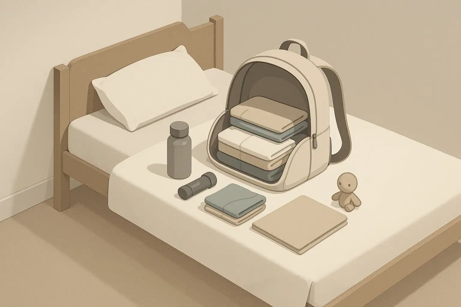Isometric illustration of a child go-bag packed with essentials