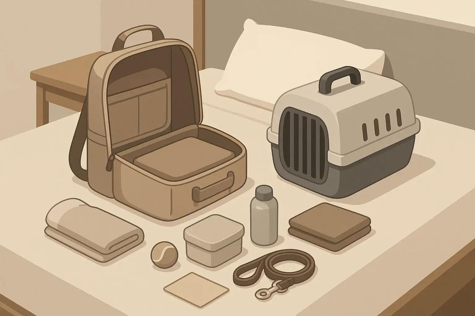 Open go-bag on bed with neatly arranged pet essentials