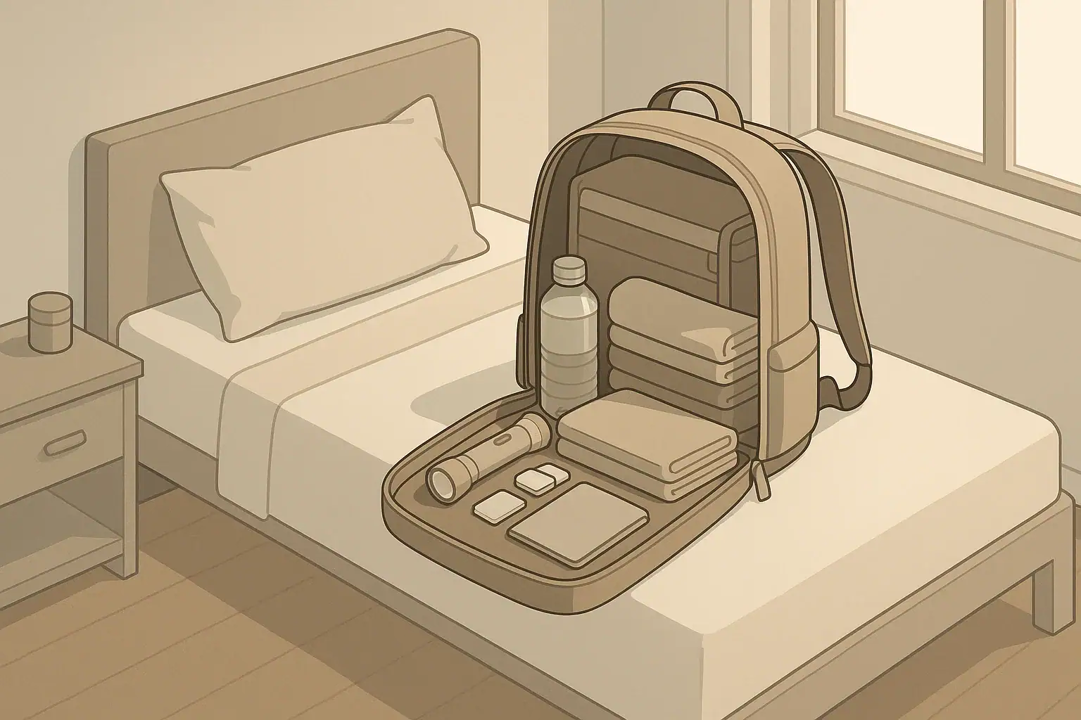 Open minimalist go bag on bed with compact essentials