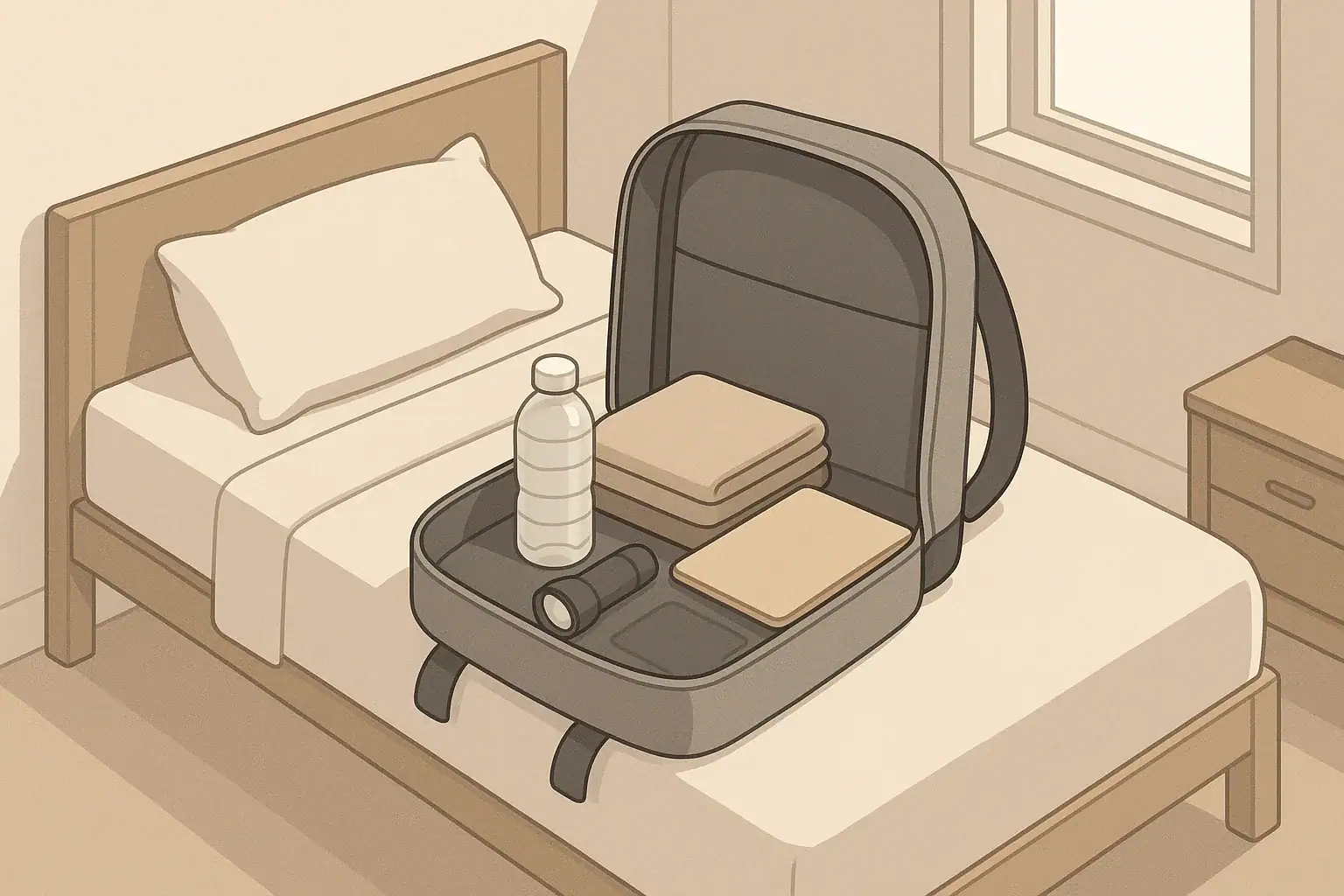 Open family go bag on bed with neatly arranged essentials