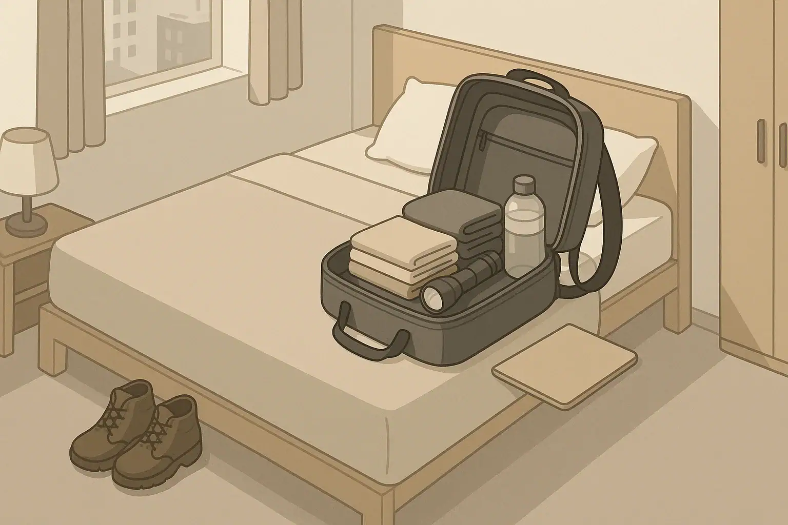 Open go bag on bed with neatly packed evacuation essentials