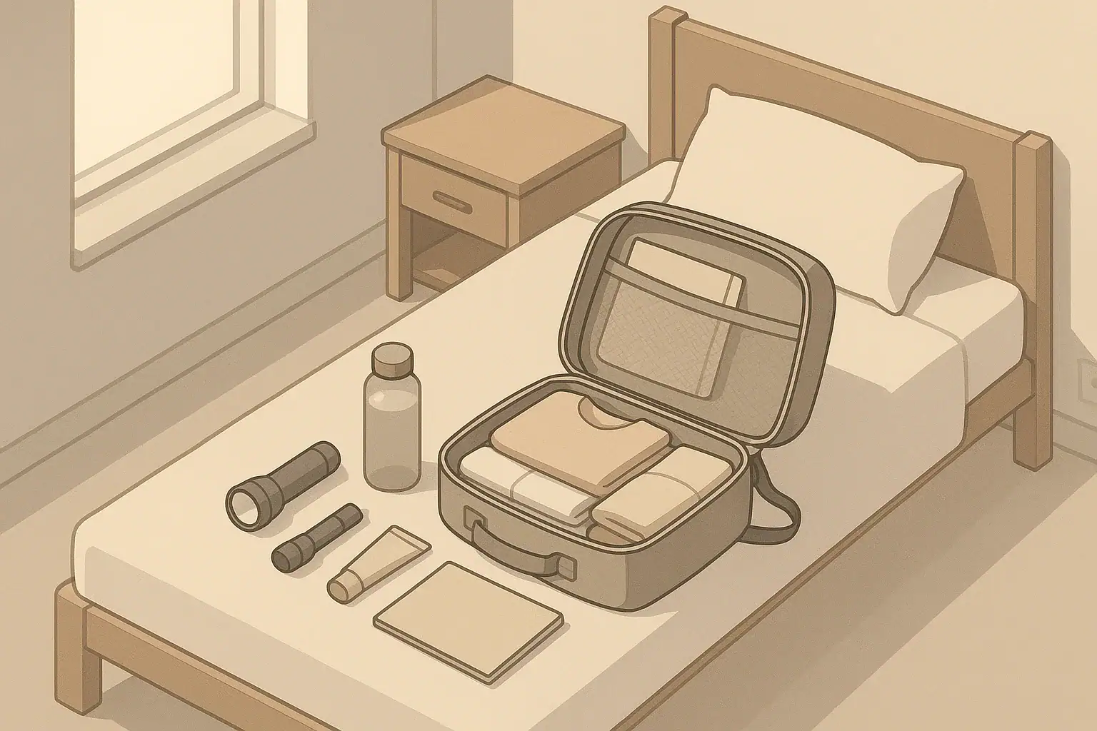 Open go-bag on a bed with neatly arranged essentials