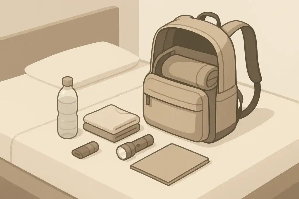 Open go-bag on bed with neatly arranged essentials