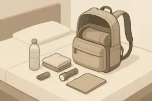 Open go-bag on bed with neatly arranged essentials