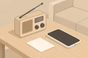 Home communication tools including phone and radio on table
