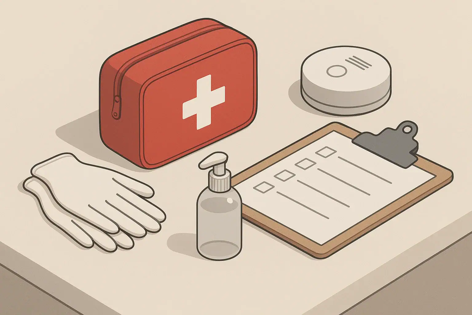 Isometric illustration of a tidy home safety kit layout