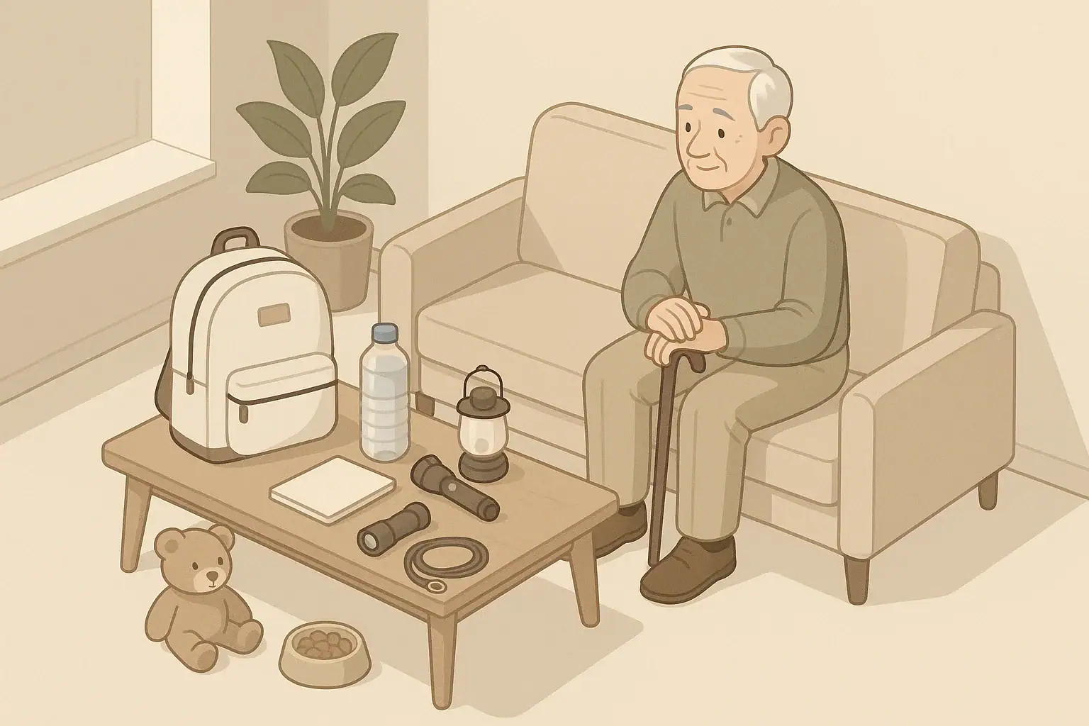 Family-friendly emergency kit for a senior with pet essentials
