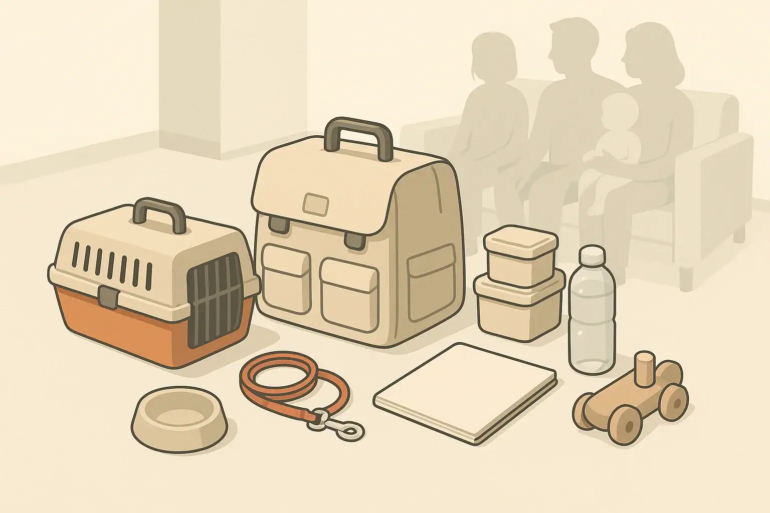 Family emergency kit with pet carrier food and water supplies