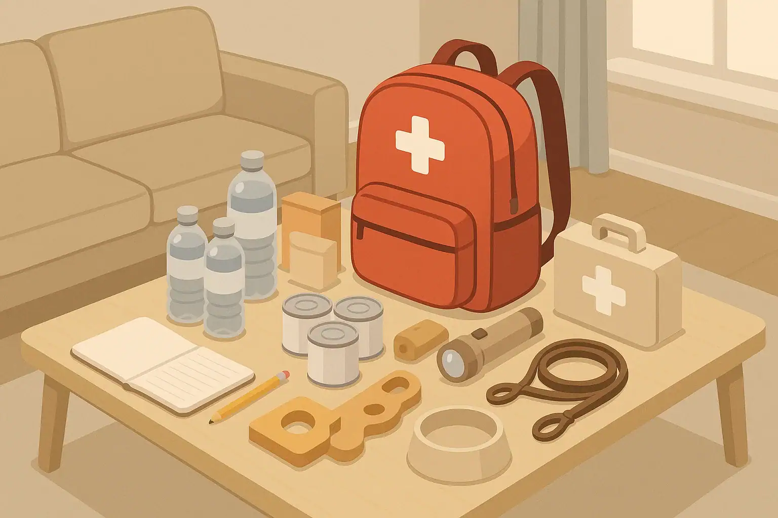 Family and pet emergency supplies organized neatly on table
