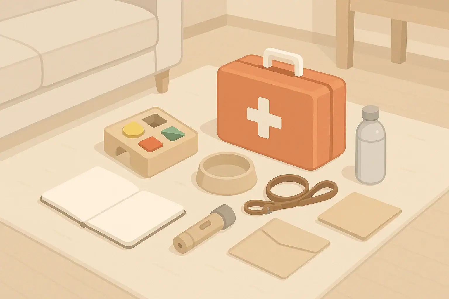 Family evacuation kit with child and pet essentials