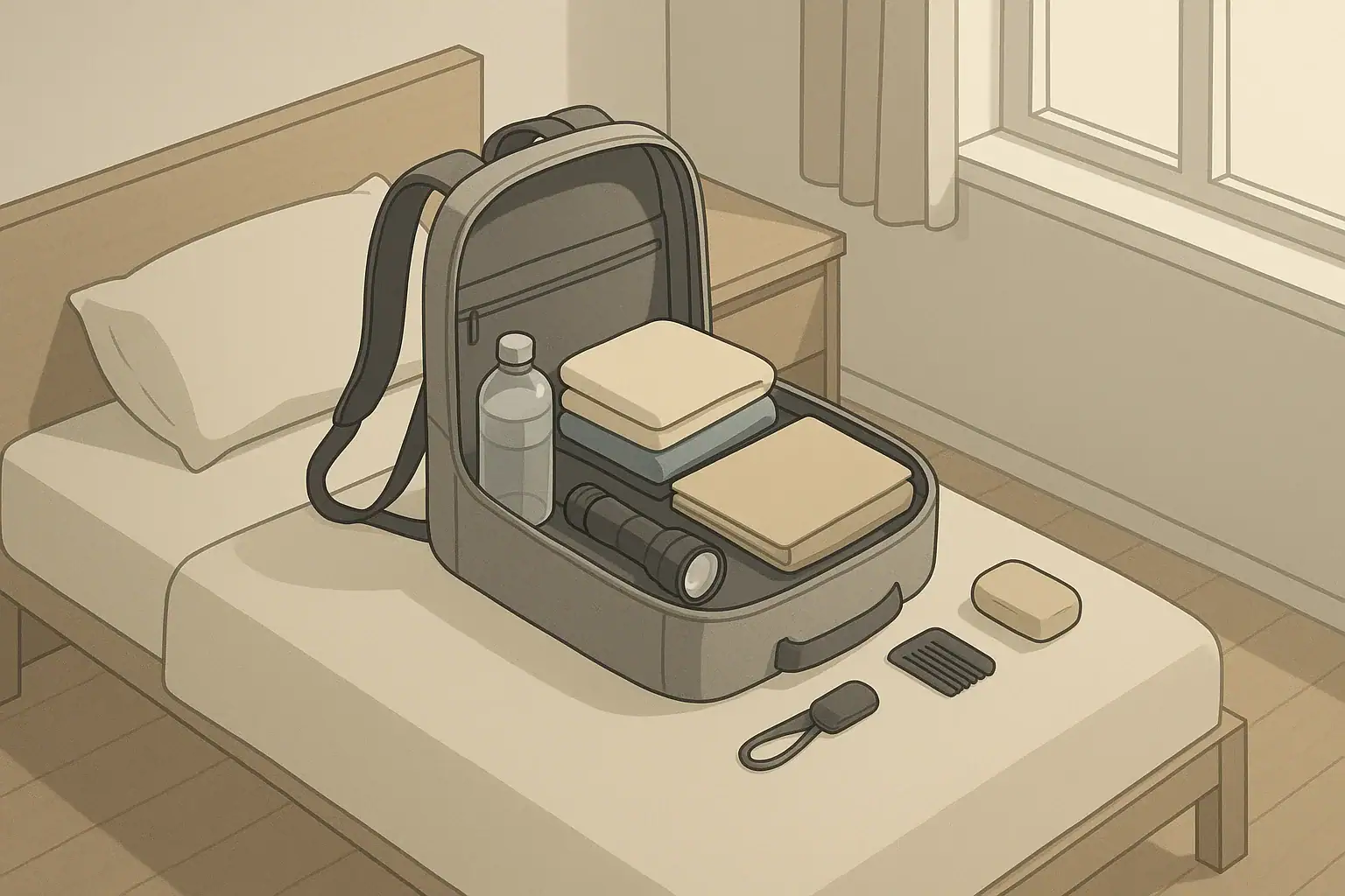 Open apartment go-bag on bed with basic evacuation essentials