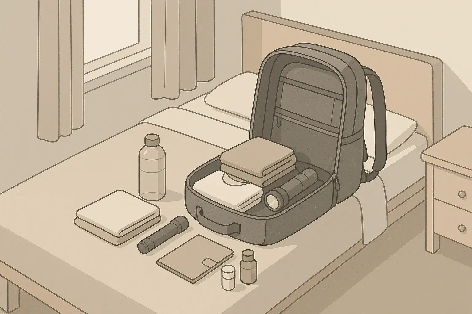 Open go bag on bed with organized evacuation essentials