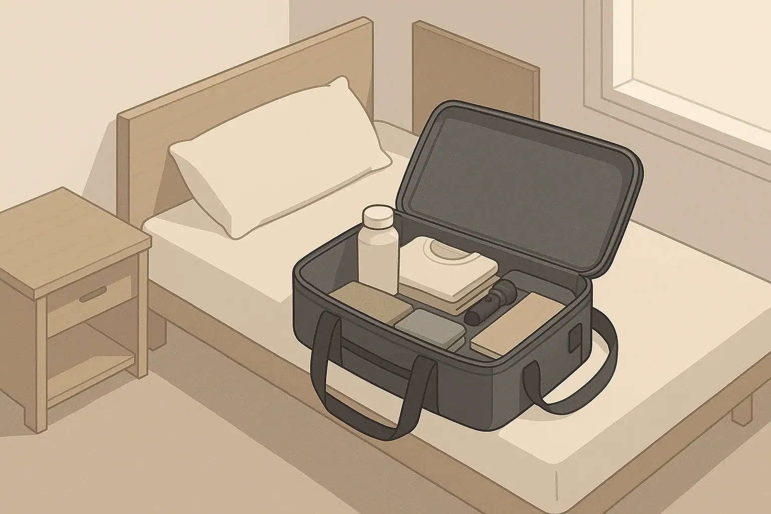 Open go-bag on bed with essential documents and supplies