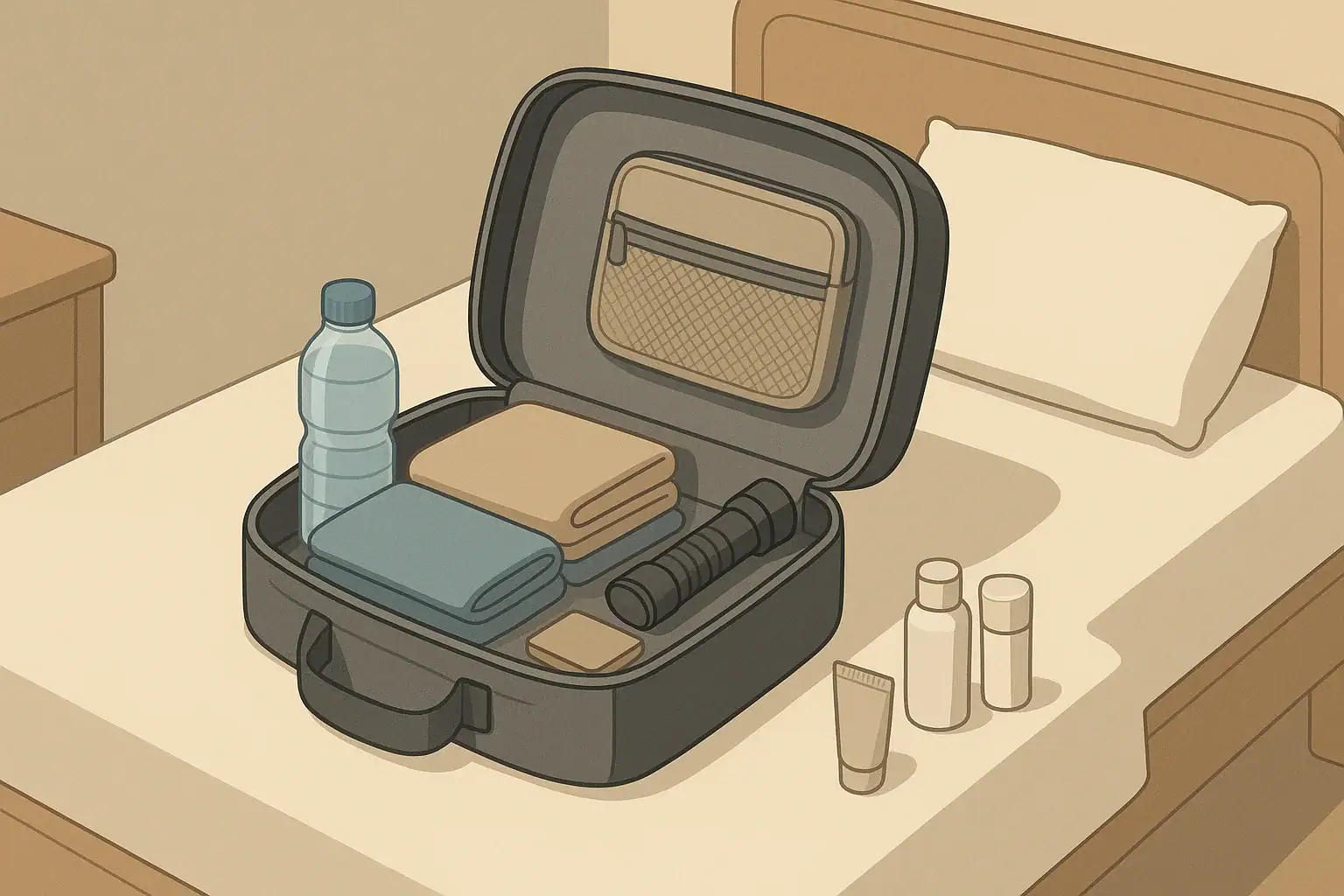 Open go bag on a bed with organized emergency essentials