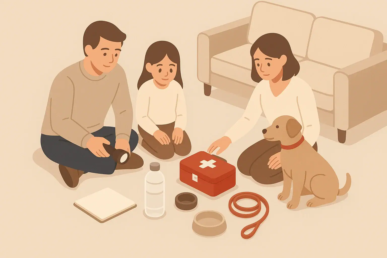 Family calmly reviewing kid and pet emergency supplies