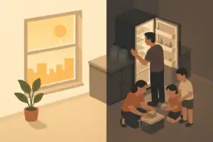 Family preparing water and food during a summer blackout