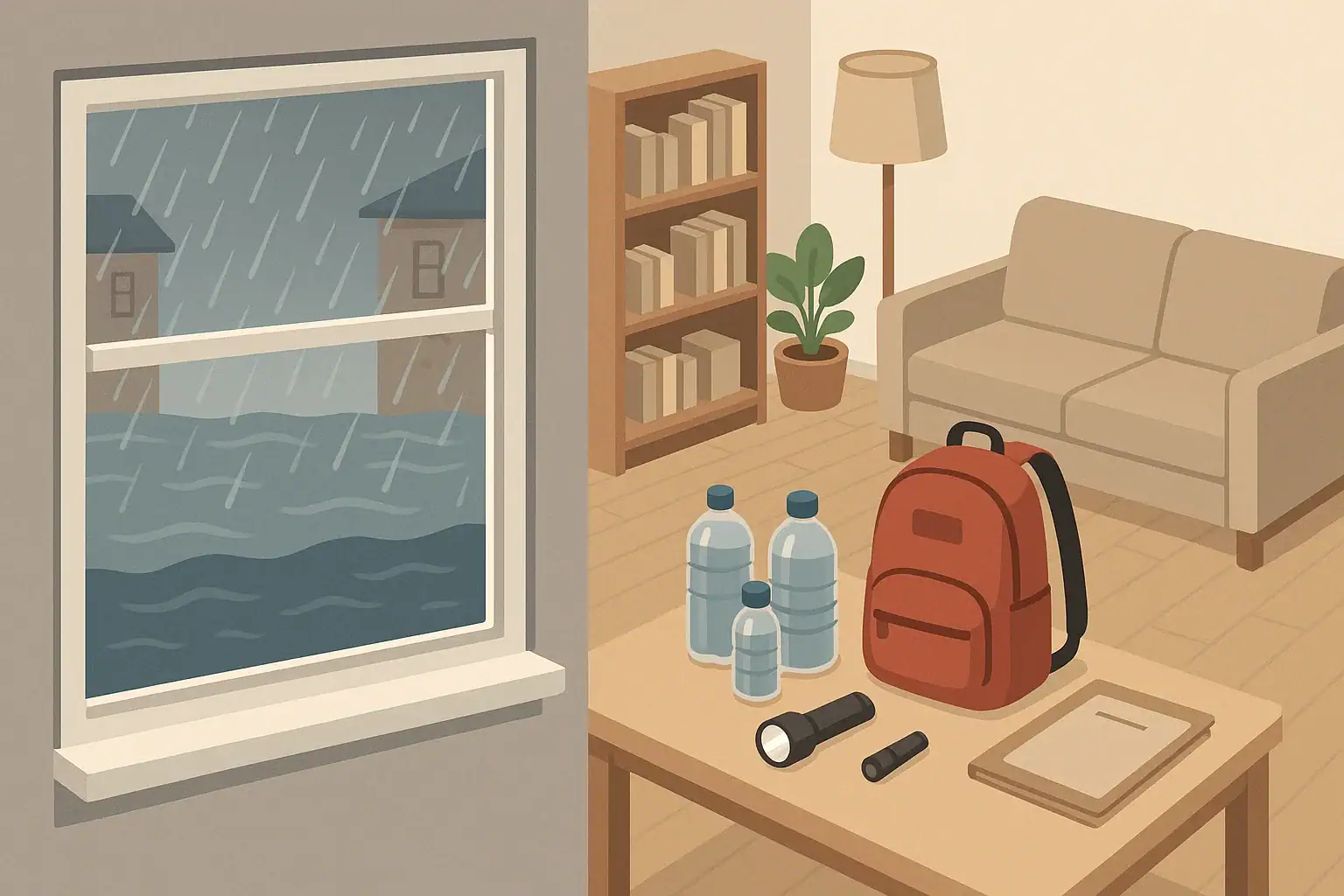 Apartment interior prepared for flood risk with go bag and supplies