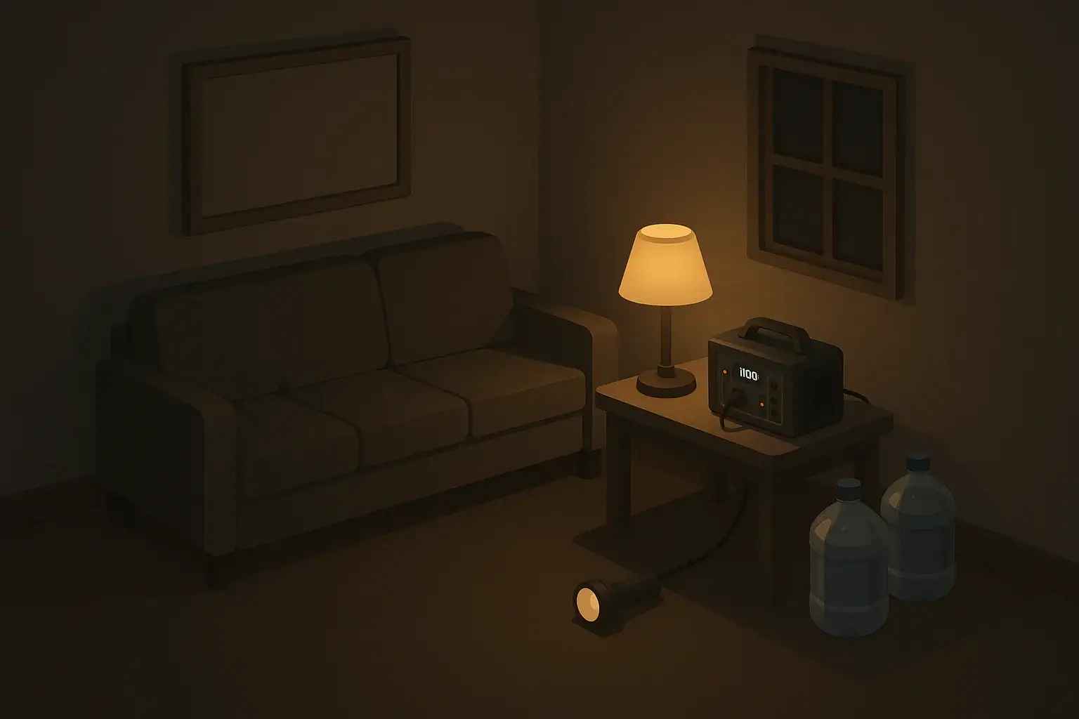 Living room scene with small backup power station and lamp